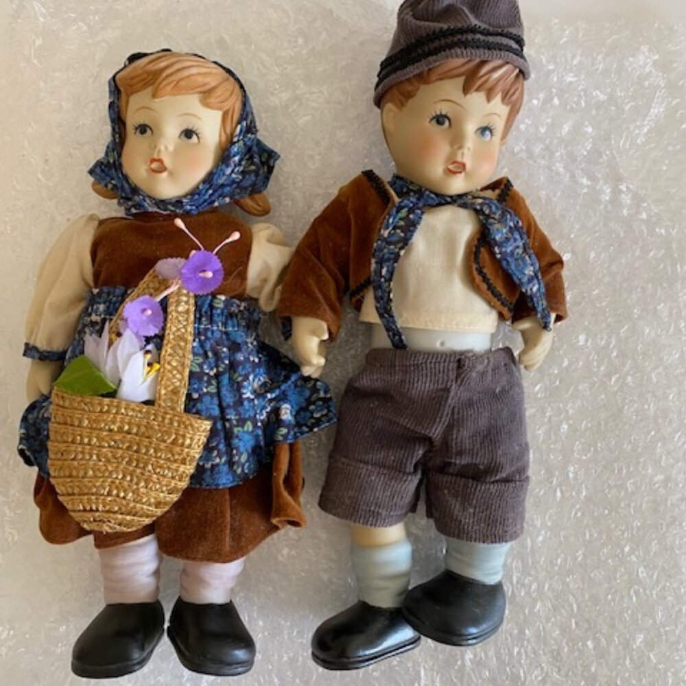 Vintage MJ Hummel Bisque Porcelain Goebel Hansel and Gretel Dolls, German